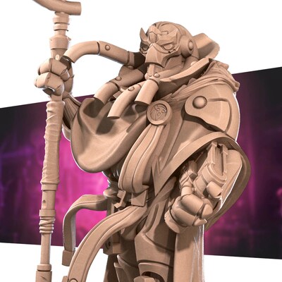 Warlock from Bite the Bullet's Warforged set. Total height apx. 63mm. Unpainted resin miniature - image1